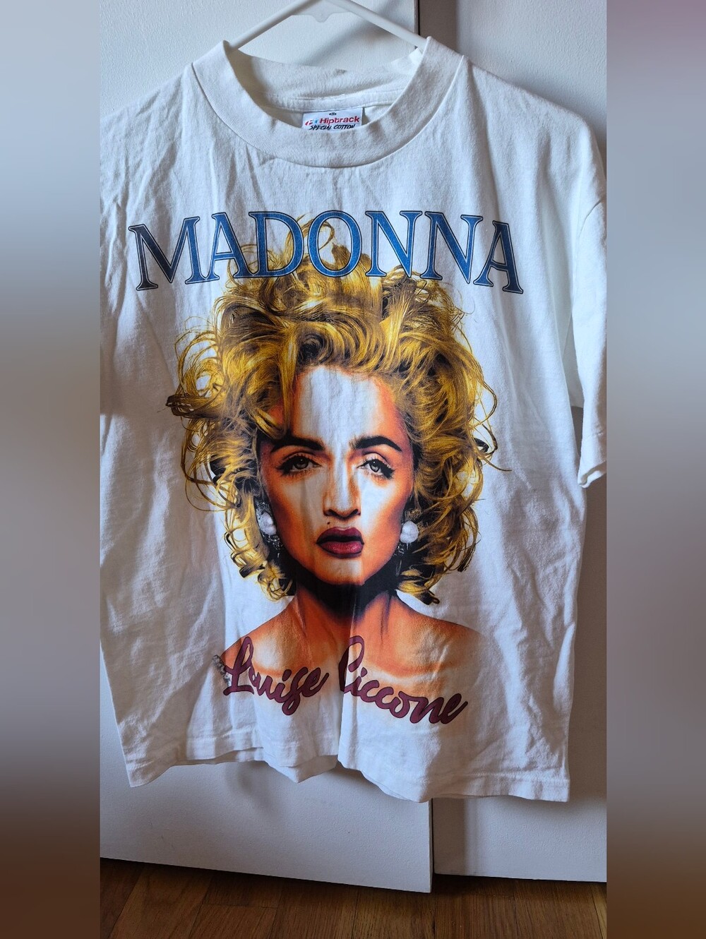 Vintage Queen of Pop Madonna Graphic Tee - White with Blue & Pink Print